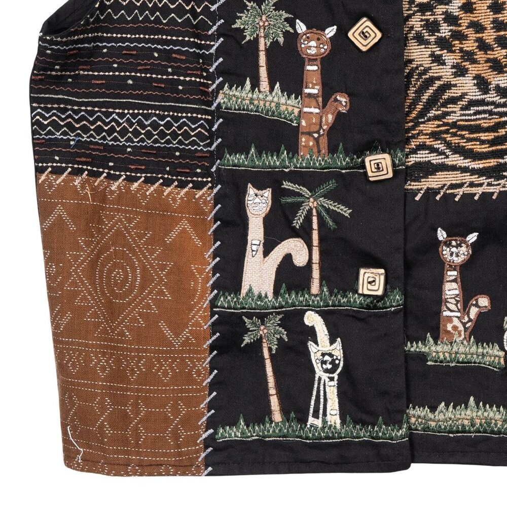 Life Style VTG Vest L Womens Black Cats Leopard Zebra Print Safari Embroidery - Picture 4 of 6